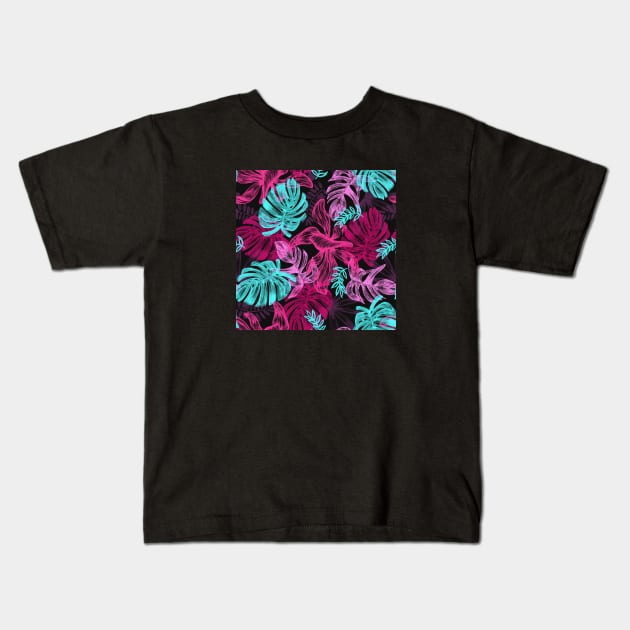 Neon Tropical Leaves Summer Pattern Kids T-Shirt by MysticMagpie